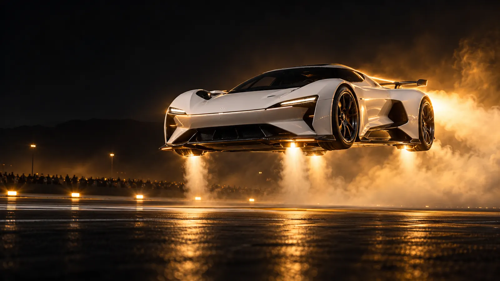 Original concept image of a fictional white electric roadster briefly lifting above a dark test track